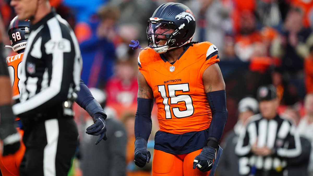 Denver Broncos linebacker Nik Bonitto (15) celebrates his sack in the second half against the Atlanta Falcons at Empower Field at Mile High.