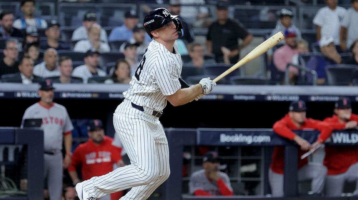 New York Yankees first baseman Paul Goldschmidt (48) follows through on a single against the Boston Red Sox during the ninth inning of game one of the Wildcard round of the 2025 MLB playoffs at Yankee Stadium. Mandatory Credit: Brad Penner-Imagn Images