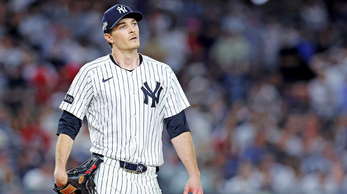 New York Yankees pitcher Max Fried (54) reacts after a play at the top of the sixth inning against Boston Red Sox during game one of the Wildcard round for the 2025 MLB playoffs at Yankee Stadium. Mandatory Credit: Brad Penner-Imagn Images