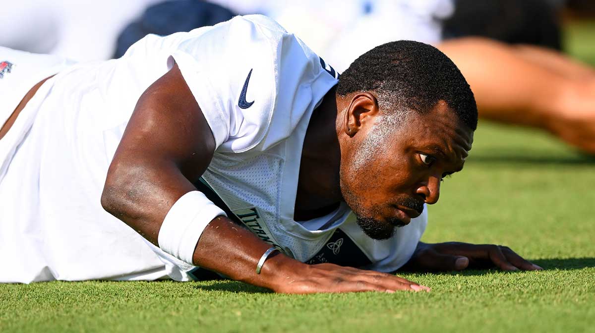 Tennessee Titans cornerback Jarvis Brownlee Jr. (29) stretches during training camp at Ascension Saint Thomas Sports Park.