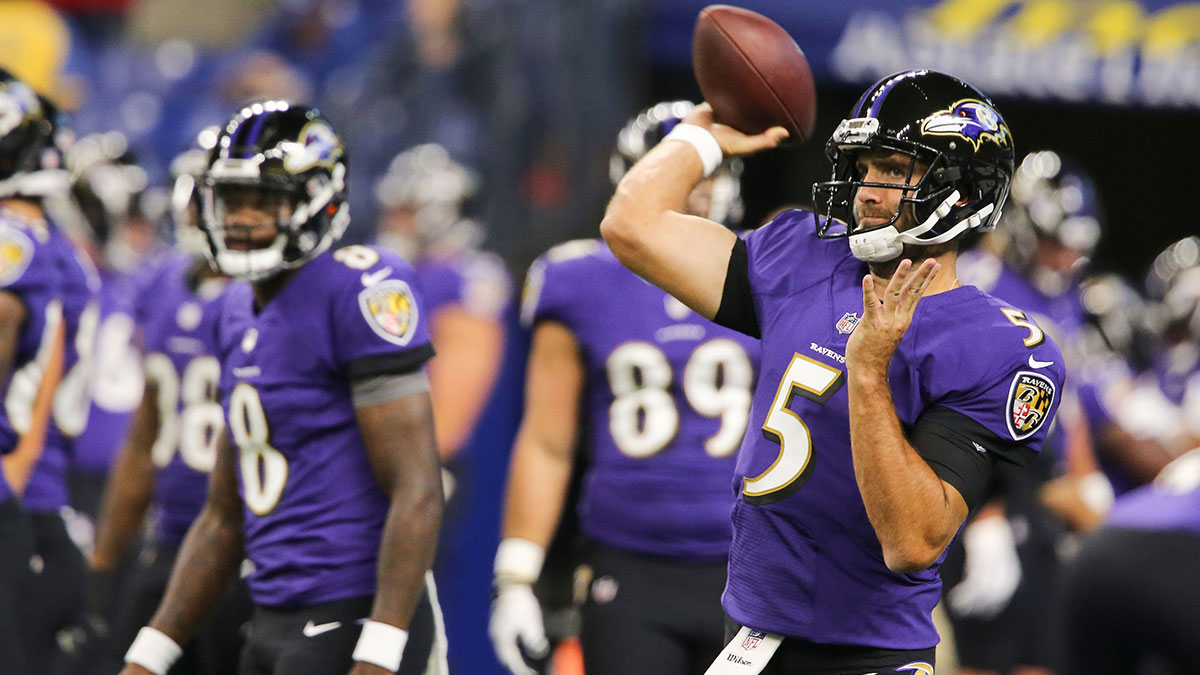 The Baltimore Ravens Lamar Jackson (8) looked on as teammate Joe Flacco (5) warmed up before their preseason game against the Indianapolis Colts at Lucas Oil Stadium in Indianapolis. Aug. 20, 2018 Lamarcolts18 Sam The Baltimore RavensaTM Lamar Jackson (8) looked on as teammate Joe Flacco (5) warmed up before their preseason game against the Indianapolis Colts at Lucas Oil Stadium in Indianapolis. Aug. 20, 2018