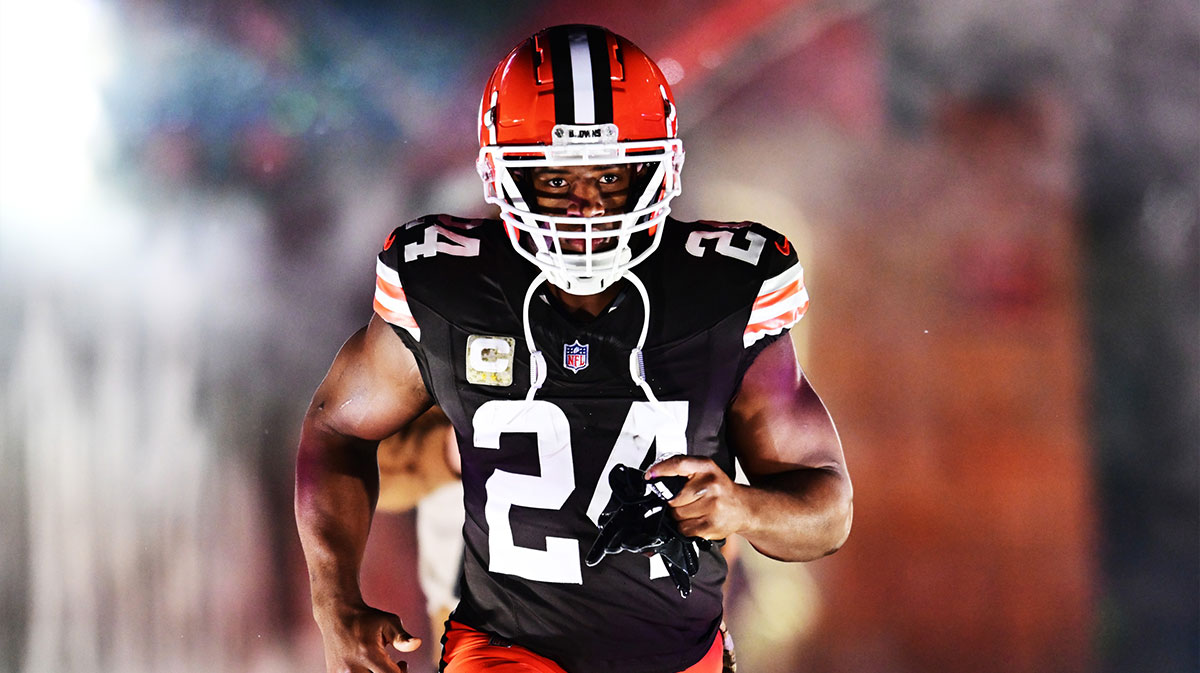 Cleveland Browns running back Nick Chubb (24) is introduced before the game between the Browns and the Pittsburgh Steelers at Huntington Bank Field.