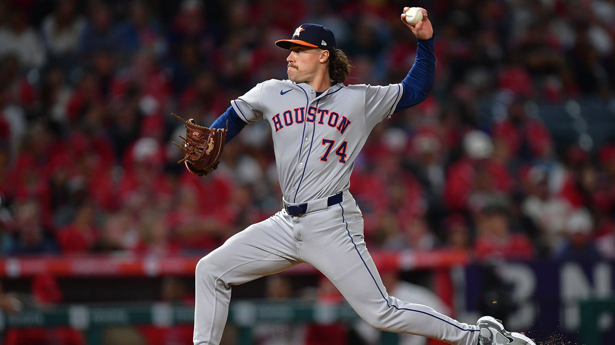 Houston Astros pitcher Bryan King (74) throws against the Los Angeles Angels during the seventh inning at Angel Stadium.