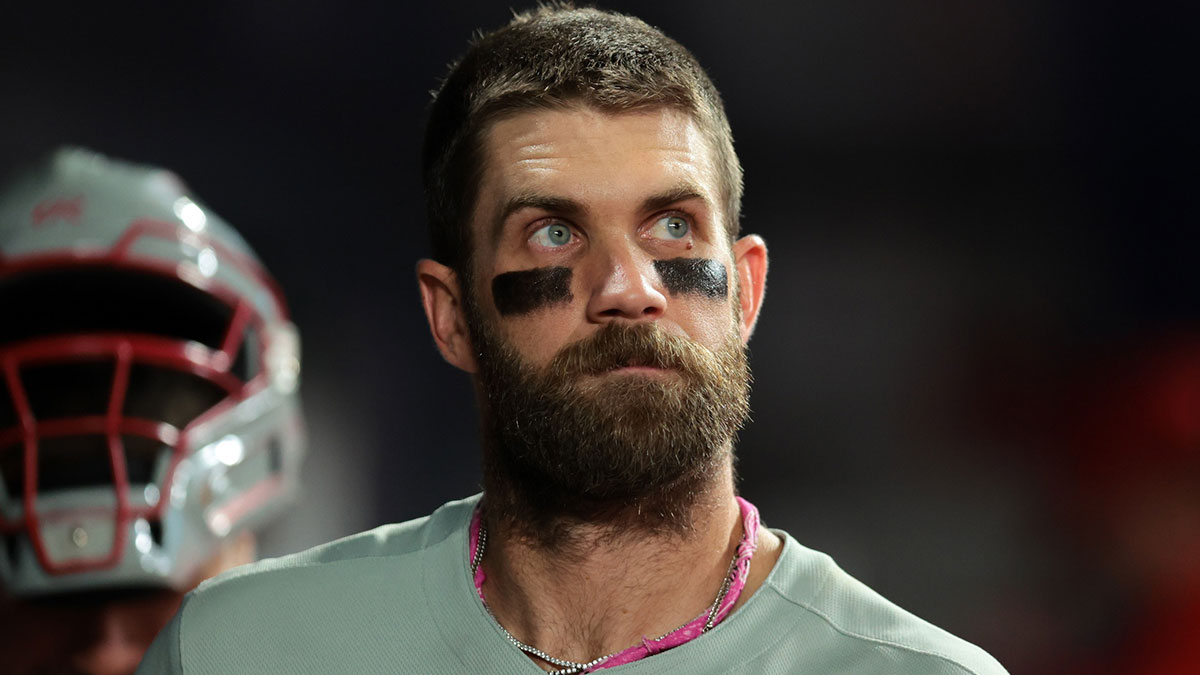 Philadelphia Phillies first baseman Bryce Harper (3) looks on from the dugout against the Miami Marlins during the fifth inning at loanDepot Park.