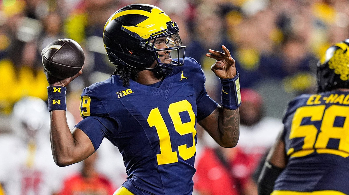 Michigan quarterback Bryce Underwood passes against New Mexico during the first half at Michigan Stadium in Ann Arbor on Saturday, August 30, 2025.