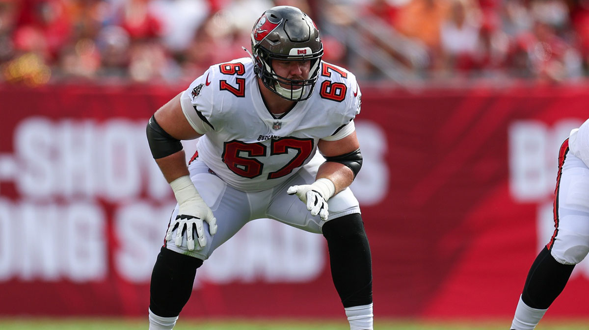 Tampa Bay Buccaneers offensive tackle Luke Goedeke (67) lines up against the Washington Commanders in the first quarter at Raymond James Stadium.