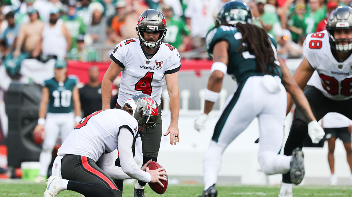 Tampa Bay Buccaneers kicker Chase McLaughlin (4) prepares to kick the ball during the first quarter against the Philadelphia Eagles at Raymond James Stadium.
