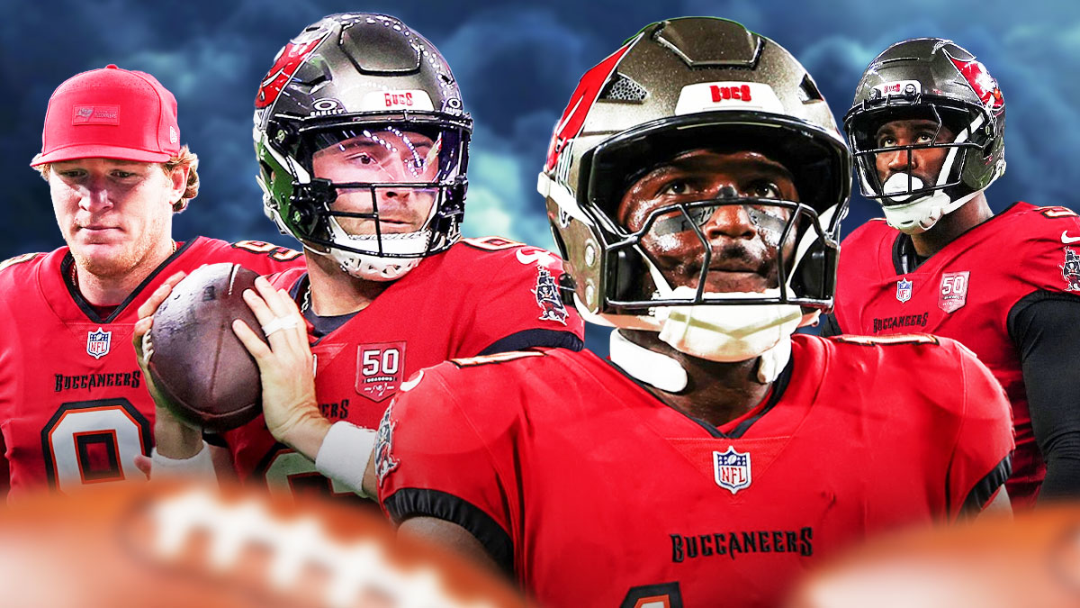 Riley Dixon, Baker Mayfield, Haason Reddick, Chris Godwin, Dark clouds in the background
