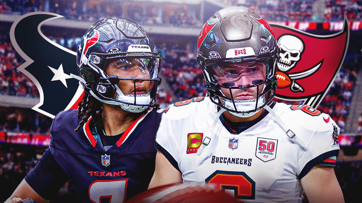 IMAGE: Tampa Bay Buccaneers logo on top right, Tampa Bay Buccaneers quarterback Baker Mayfield on bottom right, Houston Texans logo on top left, Houston Texans quarterback C.J Stroud on bottom left, NRG Stadium (Home stadium of the Houston Texans) in background