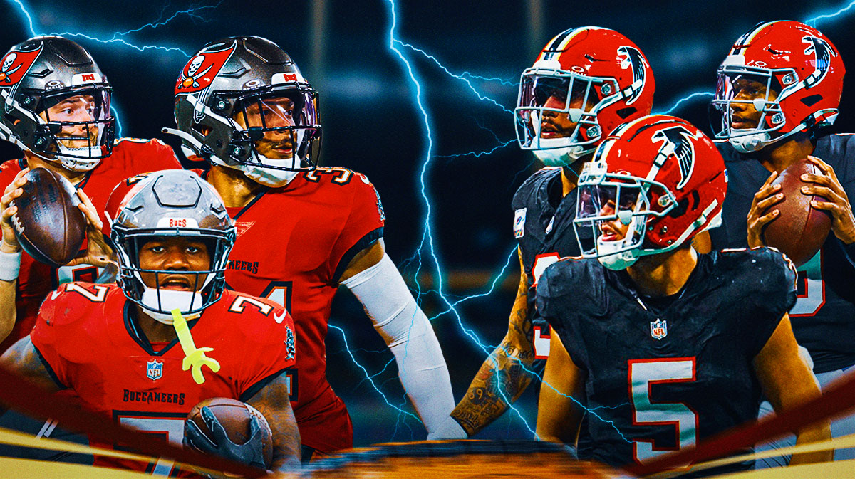 Baker Mayfield, Bucky Irving, Antoine Winfield Jr on one side, Michael Penix Jr, Drake London, Jessie Bates III on the other side, Lightning in the background