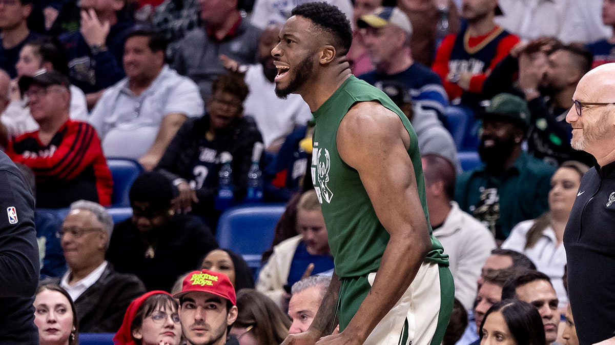 Bucks forward Thanasis Antetokounmpo (43) cheers his brother forward Giannis Antetokounmpo (34) against the New Orleans Pelicans during the second half at Smoothie King Center