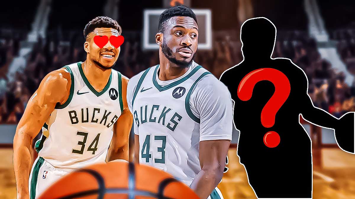 Bucks' Giannis Antetokounmpo and Thanasis Antetokounmpo with blacked out player