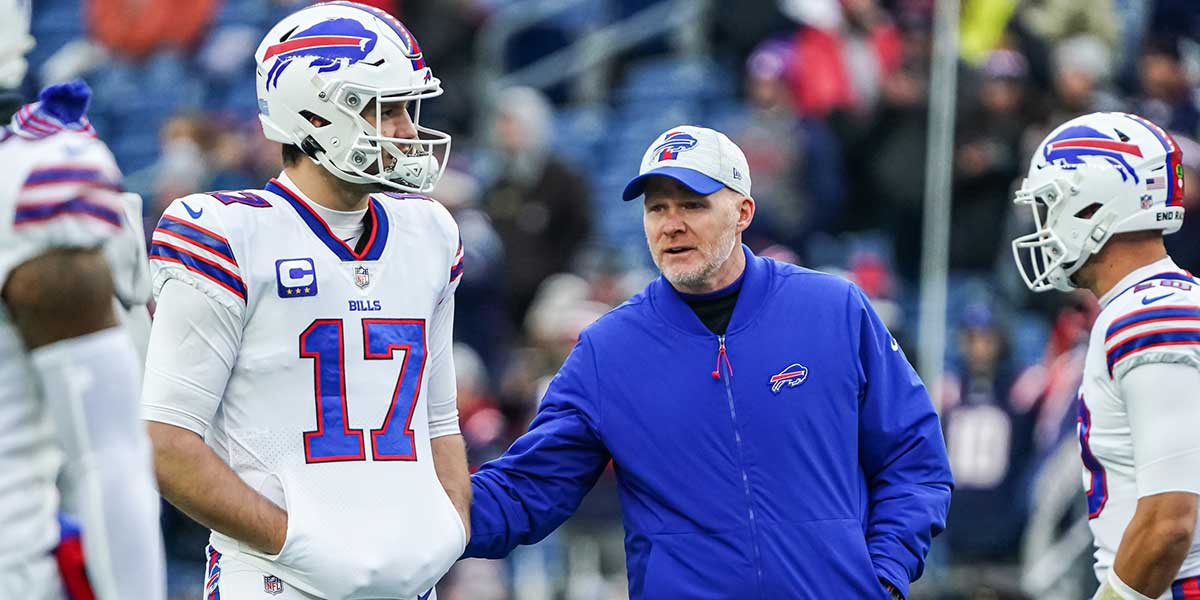 Buffalo Bills quarterback Josh Allen (17) and head coach Sean McDermott on the field before the start of the game against the New England Patriots at Gillette Stadium.
