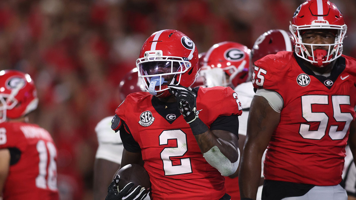 Georgia Bulldogs running back Josh McCray (2) reacts in the second half against the Alabama Crimson Tide at Sanford Stadium.