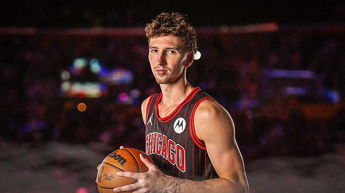 GFX - Matas Buzelis in the Bulls jersey with a basketball in his hands. Bulls player who will shock world with breakout 2025-26 season