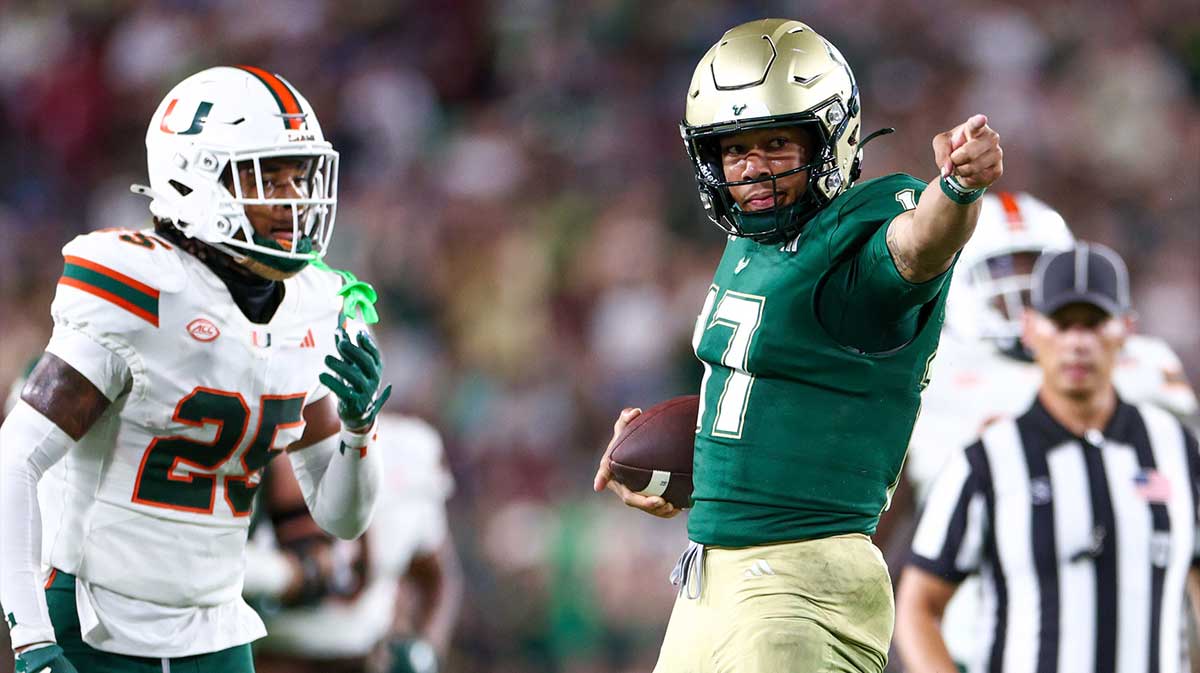 South Florida Bulls quarterback Byrum Brown (17) reacts after a play against the Miami Hurricanes in the third quarter at Raymond James Stadium.