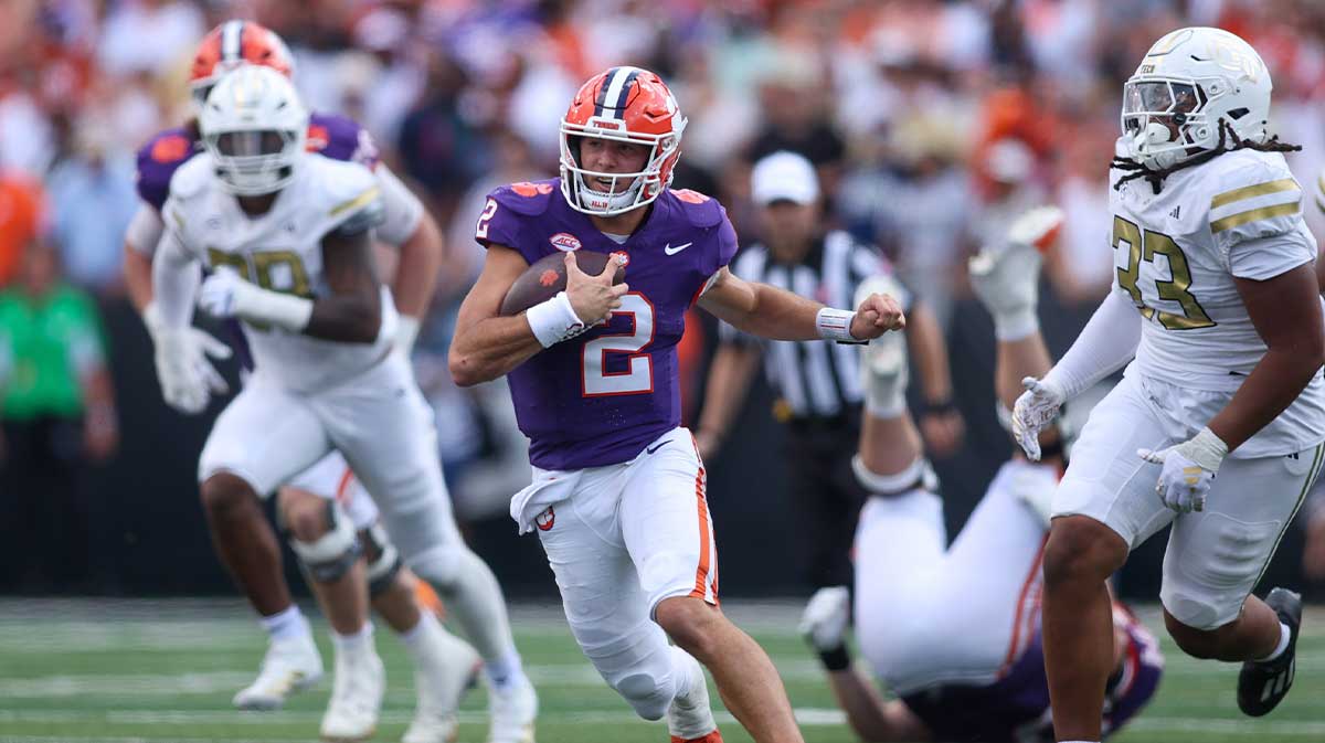 Clemson Tigers quarterback Cade Klubnik (2) runs the ball against the Georgia Tech Yellow Jackets in the fourth quarter at Bobby Dodd Stadium at Hyundai Field.
