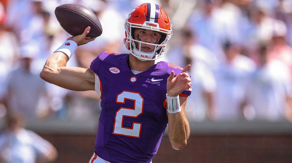 Clemson Tigers quarterback Cade Klubnik (2) throws a pass against the Georgia Tech Yellow Jackets in the first quarter at Bobby Dodd Stadium at Hyundai Field.