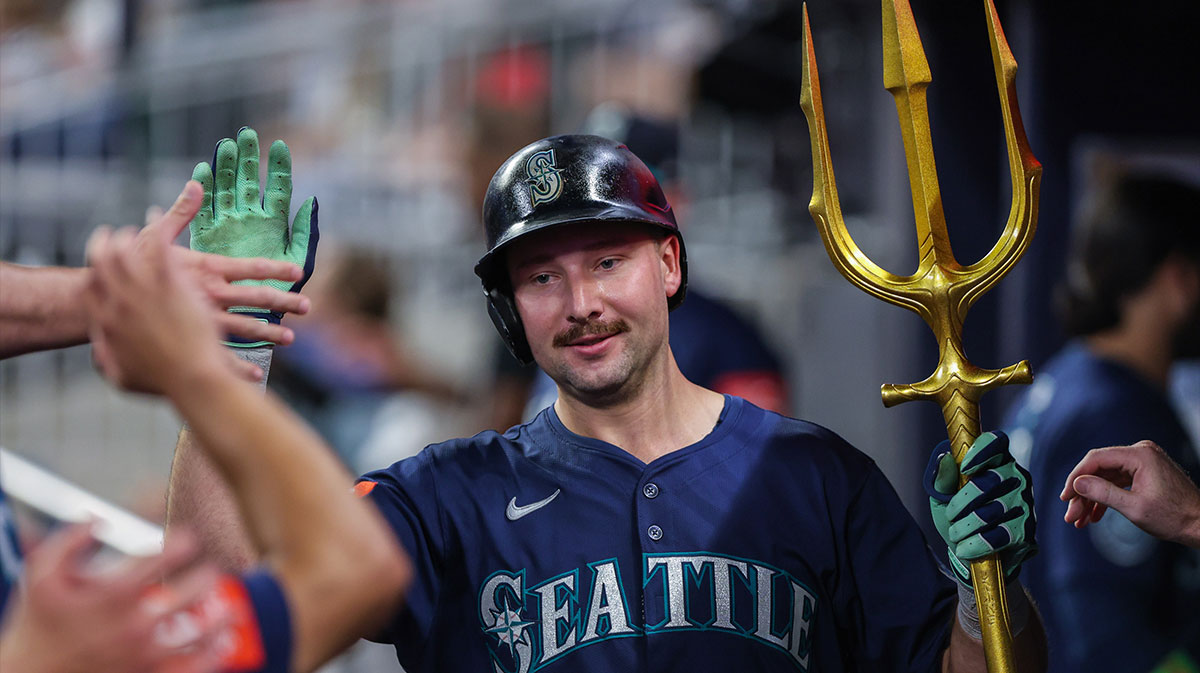 Seattle Mariners catcher Cal Raleigh (29) celebrates a home run hit against the Atlanta Braves during the ninth inning at Truist Park.