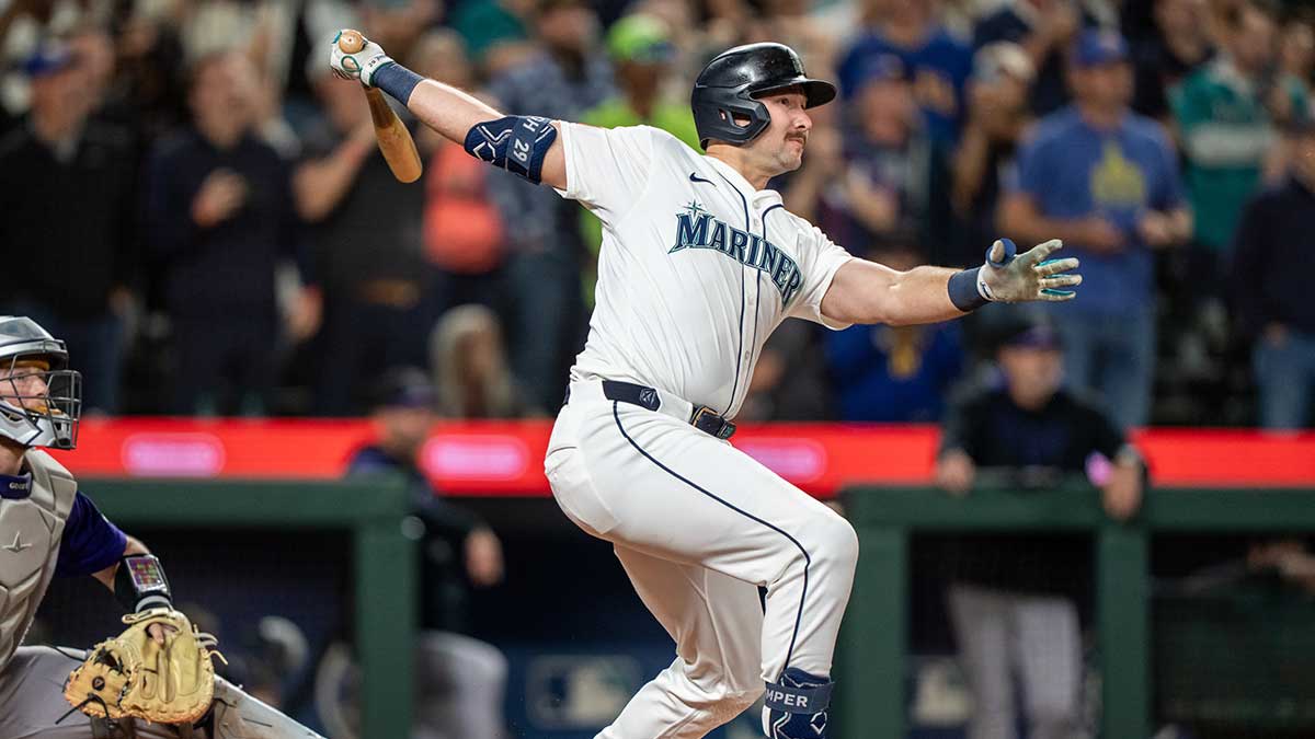 Seattle Mariners catcher Cal Raleigh (29) hits a solo home run during the eighth inning against the Colorado Rockies at T-Mobile Park.