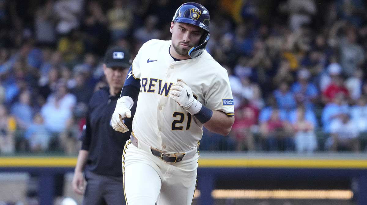 Milwaukee Brewers third base Caleb Durbin (21) rounds the bases after hitting a home run against the Philadelphia Phillies in the second inning at American Family Field.