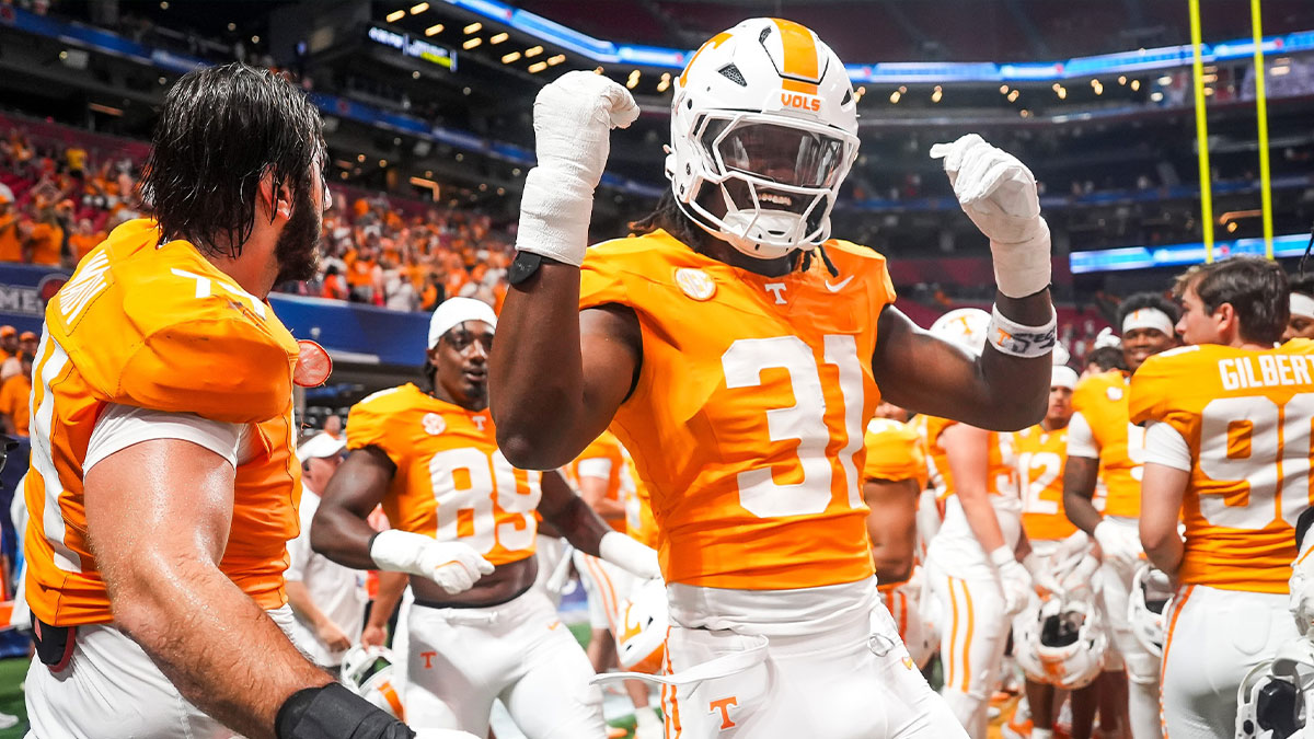 Tennessee defensive lineman Caleb Herring (31) dances in celebration after the Aflac Kickoff Game between the Volunteers and Syracuse held at Mercedes-Benz Stadium in Atlanta, Ga., on August 30, 2025.
