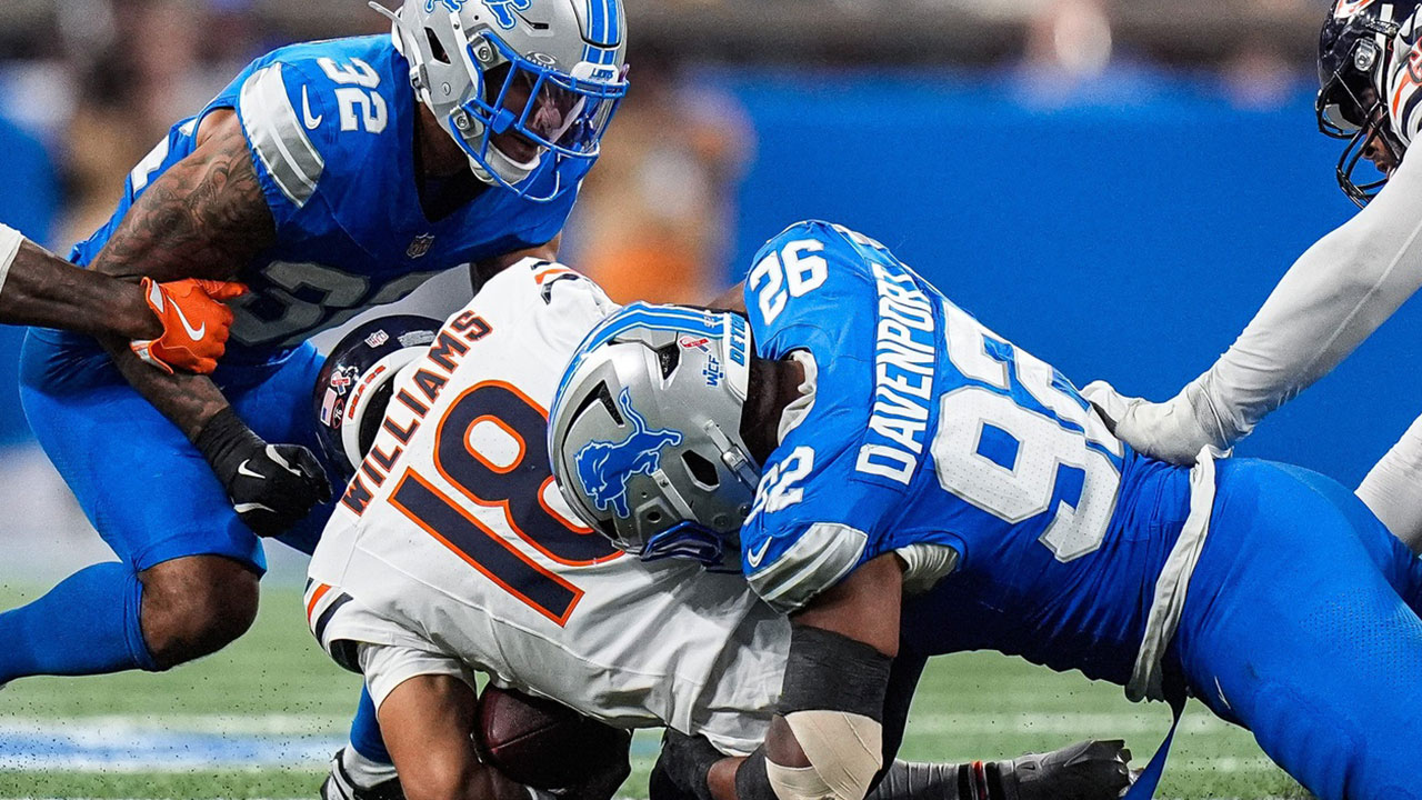 Detroit Lions defensive end Marcus Davenport (92) sacks Chicago Bears quarterback Caleb Williams (18) during the second half at Ford Field in Detroit on Sunday, Sept. 14, 2025.