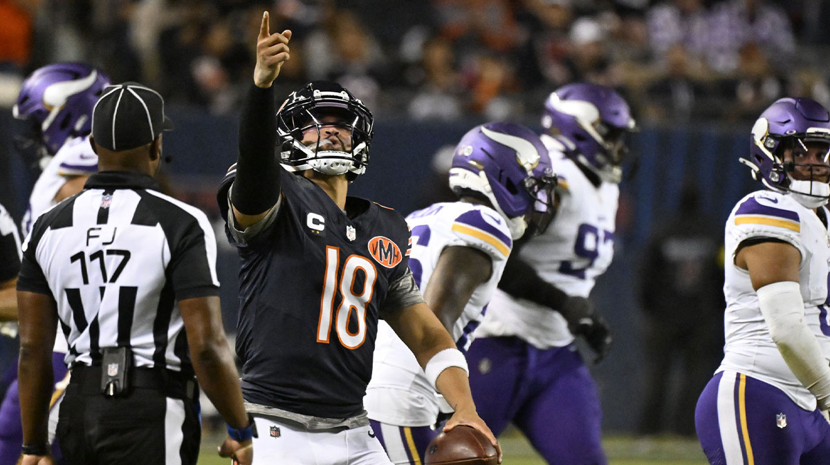 Chicago Bears quarterback Caleb Williams (18) reacts against the Minnesota Vikings during the second half at Soldier Field.