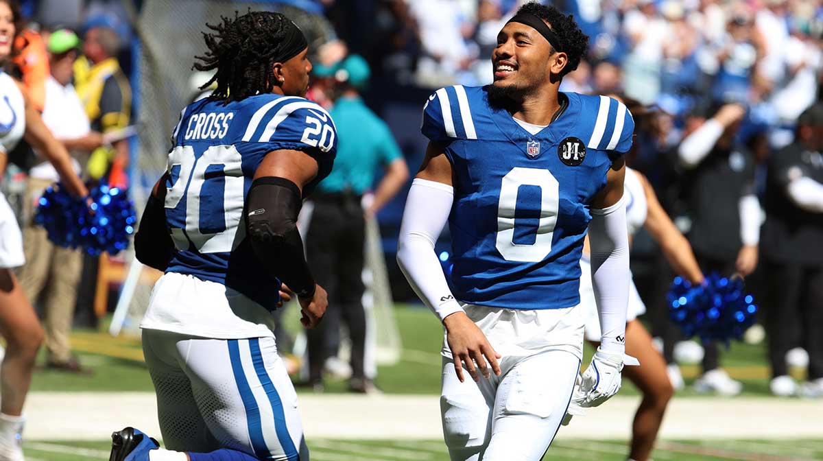 Indianapolis Colts safety Cam Bynum (0) warms up before a game against the Miami Dolphins at Lucas Oil Stadium.