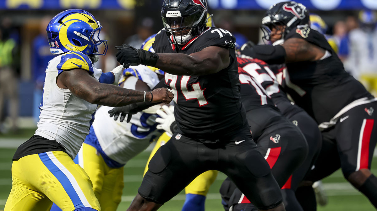 Houston Texans offensive tackle Cam Robinson (74) blocks during the fourth quarter at SoFi Stadium.
