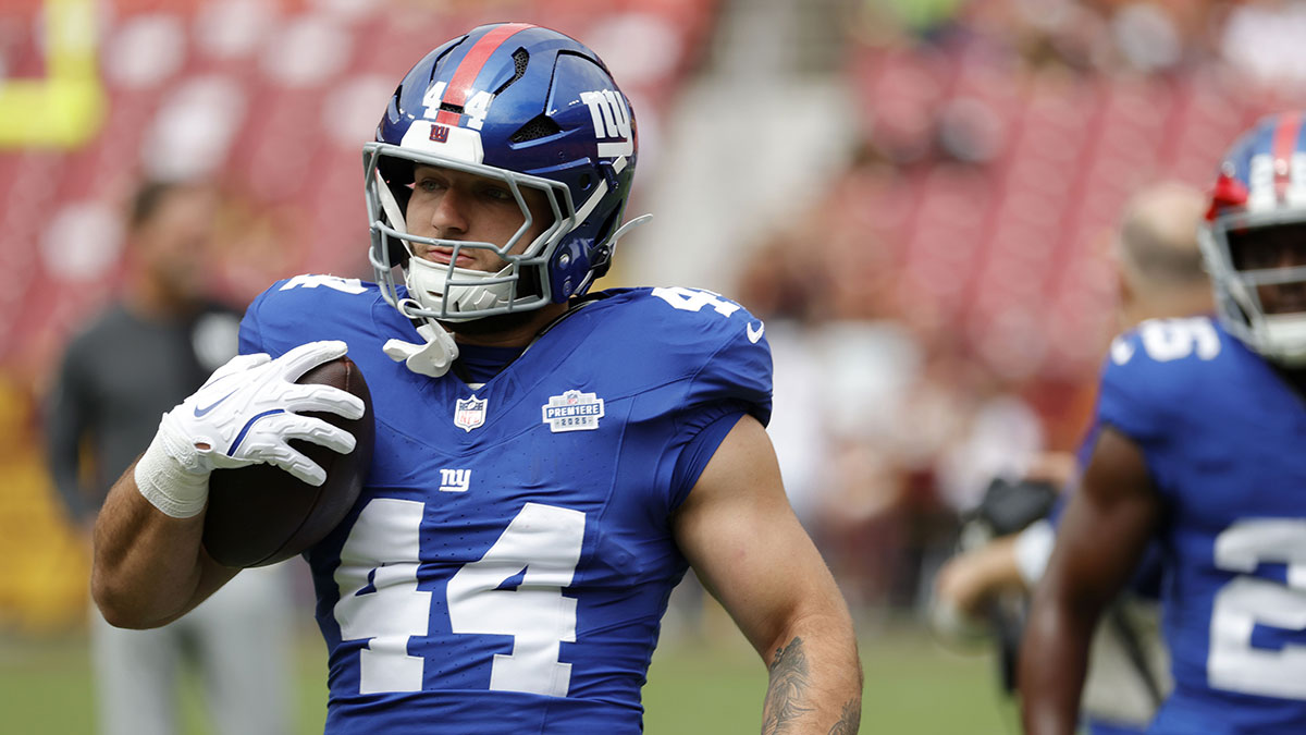 New York Giants running back Cam Skattebo (44) prior to the game against the Washington Commanders at Northwest Stadium.