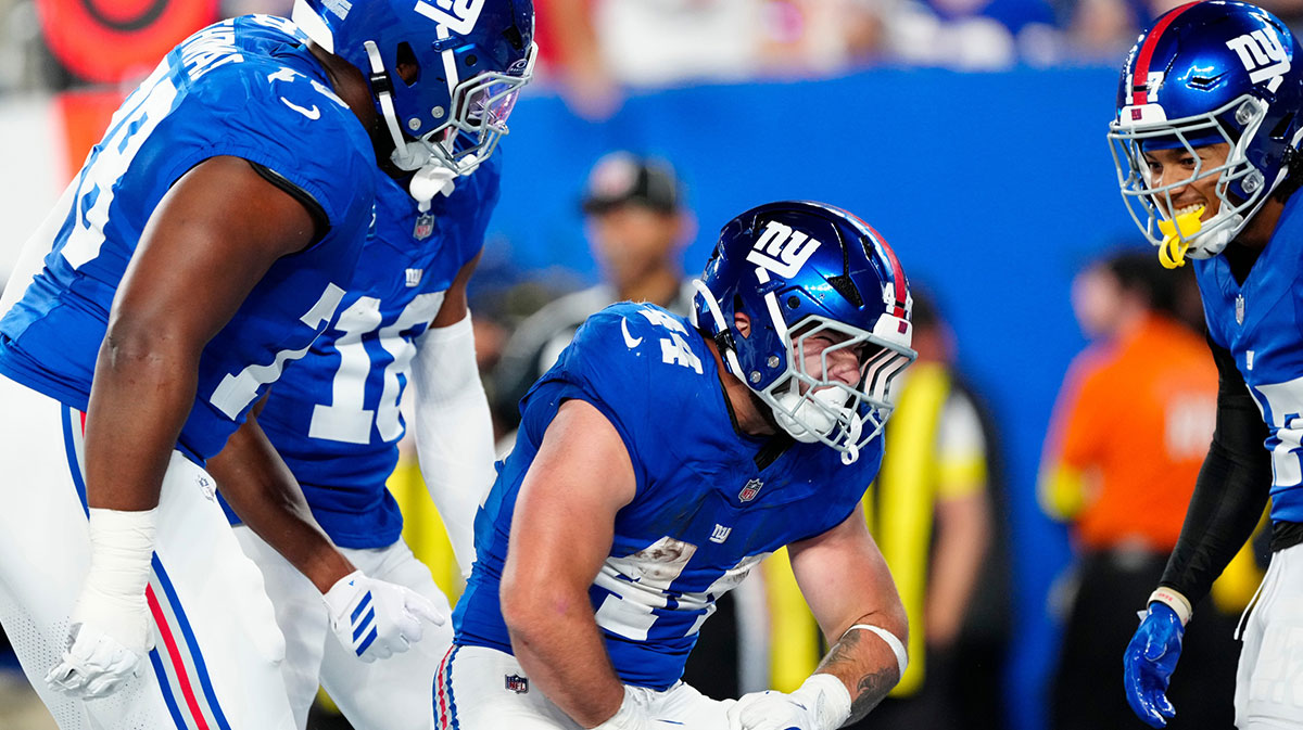 New York Giants running back Cam Skattebo in a game against the Kansas City Chiefs.