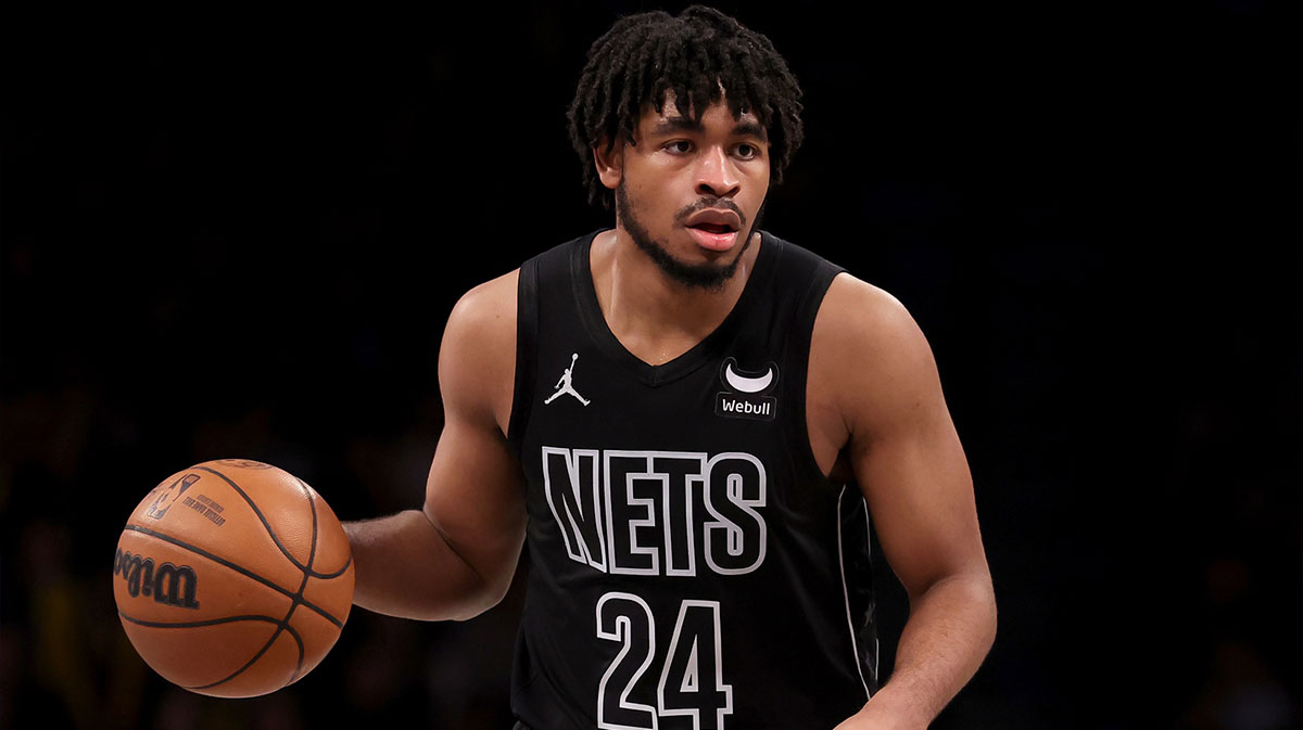 Dec 22, 2023; Brooklyn, New York, USA; Brooklyn Nets guard Cam Thomas (24) controls the ball against the Denver Nuggets during the fourth quarter at Barclays Center. Mandatory Credit: Brad Penner-Imagn Images