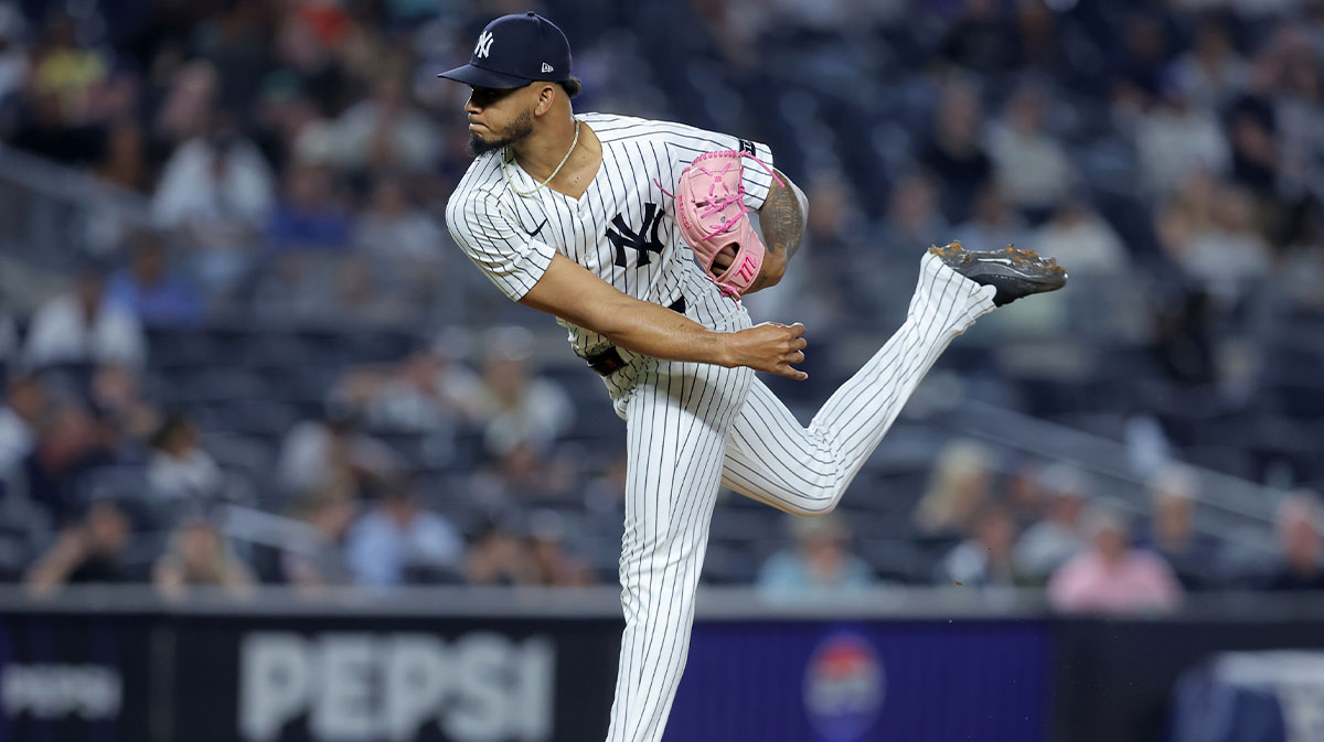 New York Yankees relief pitcher Camilo Doval (75) follows through on a pitch against the Toronto Blue Jays during the ninth inning at Yankee Stadium.