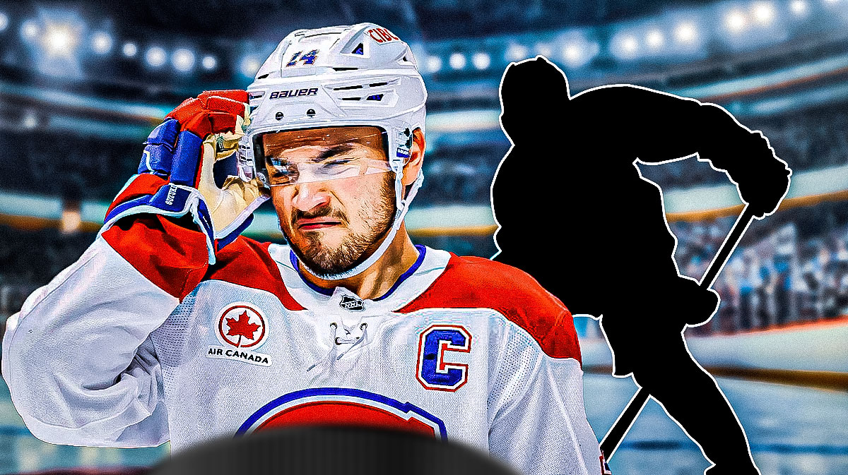 Nick Suzuki with a mystery player, Canadiens logo background