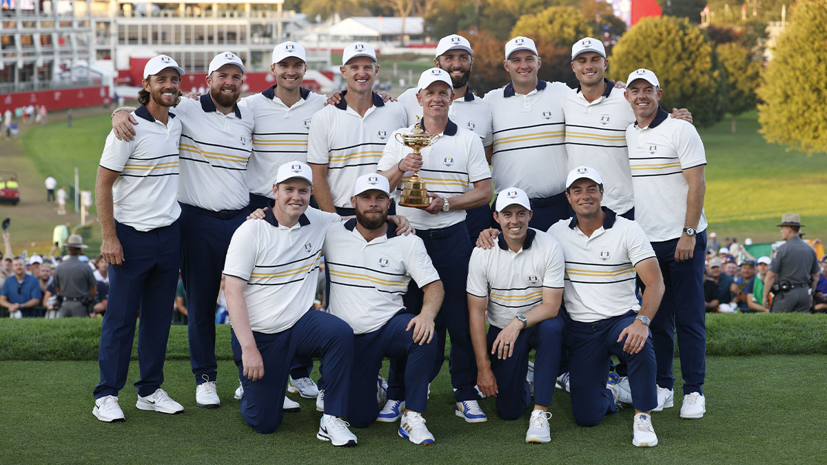  Team Europe captain Luke Donald and teammates react after defeating Team USA on the final day of competition for the Ryder Cup at Bethpage Black.