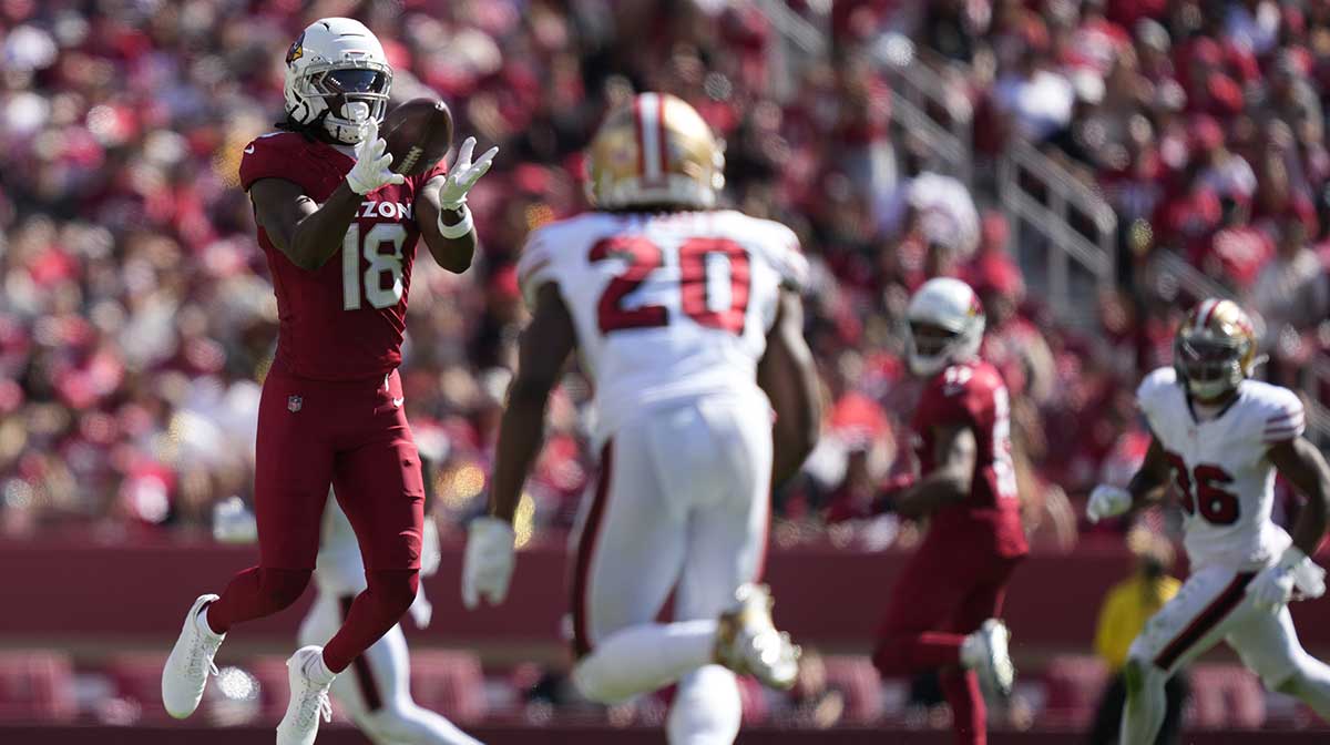 Arizona Cardinals wide receiver Marvin Harrison Jr. (18) drops the pass as San Francisco 49ers cornerback Upton Stout (20) defends during the second half at Levi's Stadium.