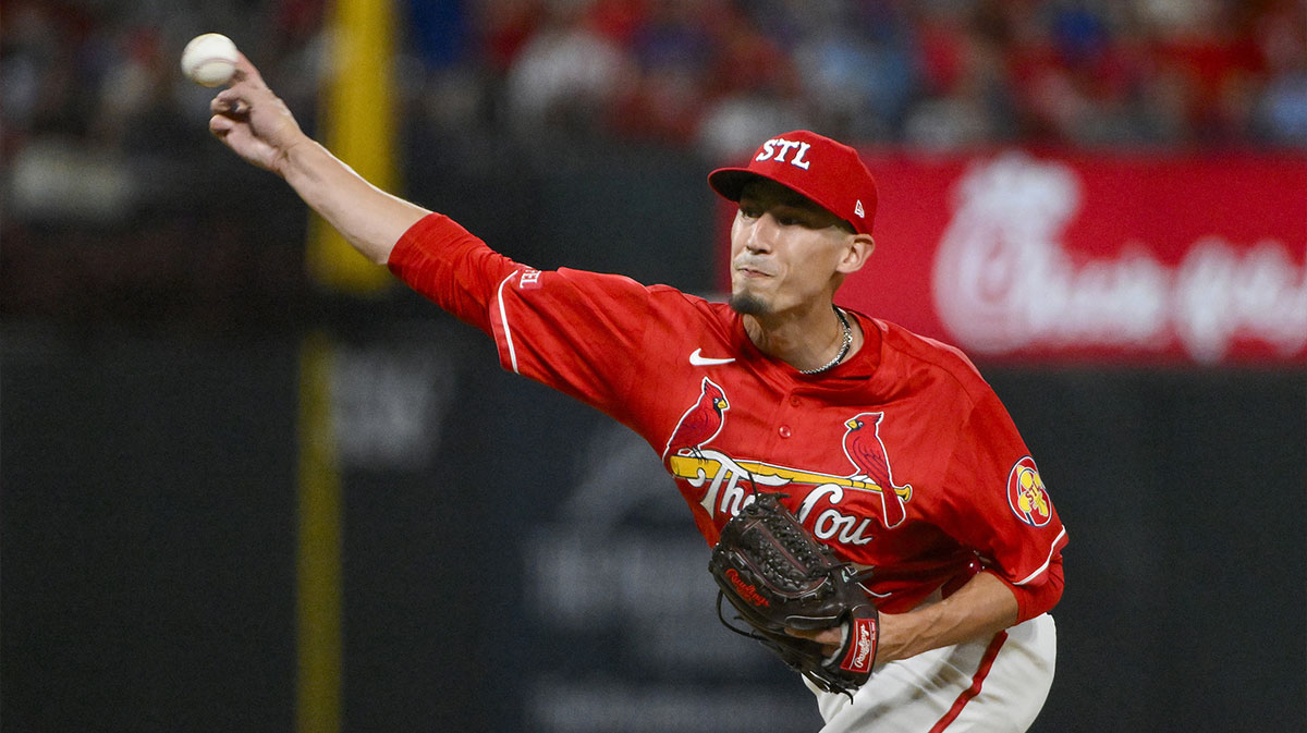 St. Louis Cardinals relief pitcher Riley O'Brien (55) pitches against the Chicago Cubs during the ninth inning at Busch Stadium.