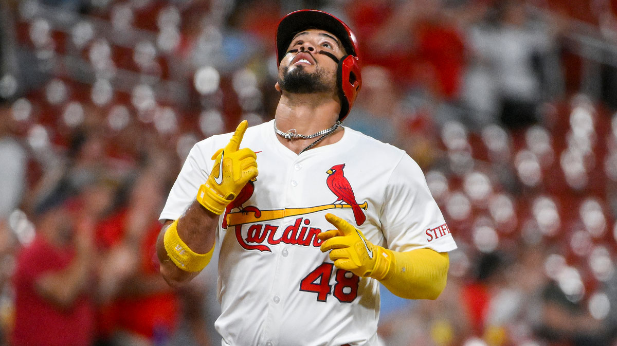 St. Louis Cardinals designated hitter Ivan Herrera (48) reacts after hitting a two run home run against the Athletics during the sixth inning at Busch Stadium.