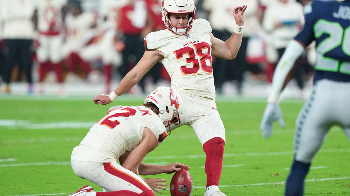 Arizona Cardinals place kicker Chad Ryland (38) kicks a field goal against the Seattle Seahawks in the first quarter at State Farm Stadium.
