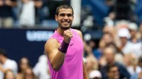 Carlos Alcaraz of Spain celebrates his victory over Novak Djokovic of Serbia in the semifinal of the menís singles at the US Open at Arthur Ashe Stadium in Billie Jean King National Tennis Center.