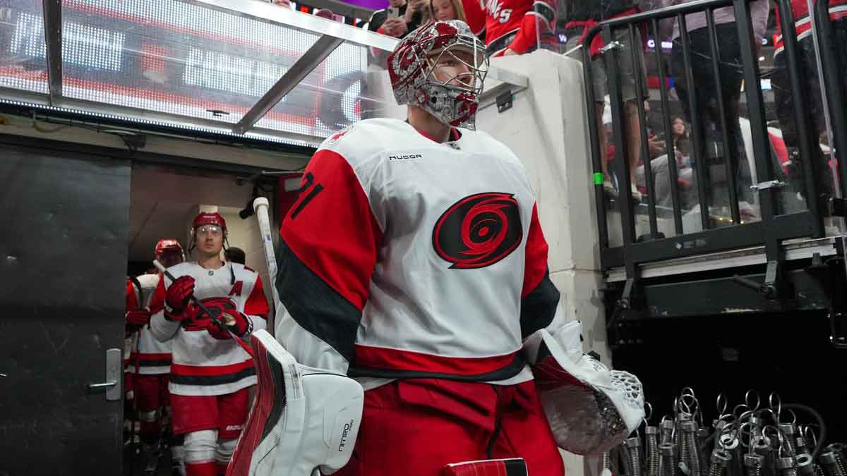 Carolina Hurricanes goaltender Frederik Andersen (31) comes out of the locker room for the warmups before the game against the Florida Panthers at Lenovo Center.
