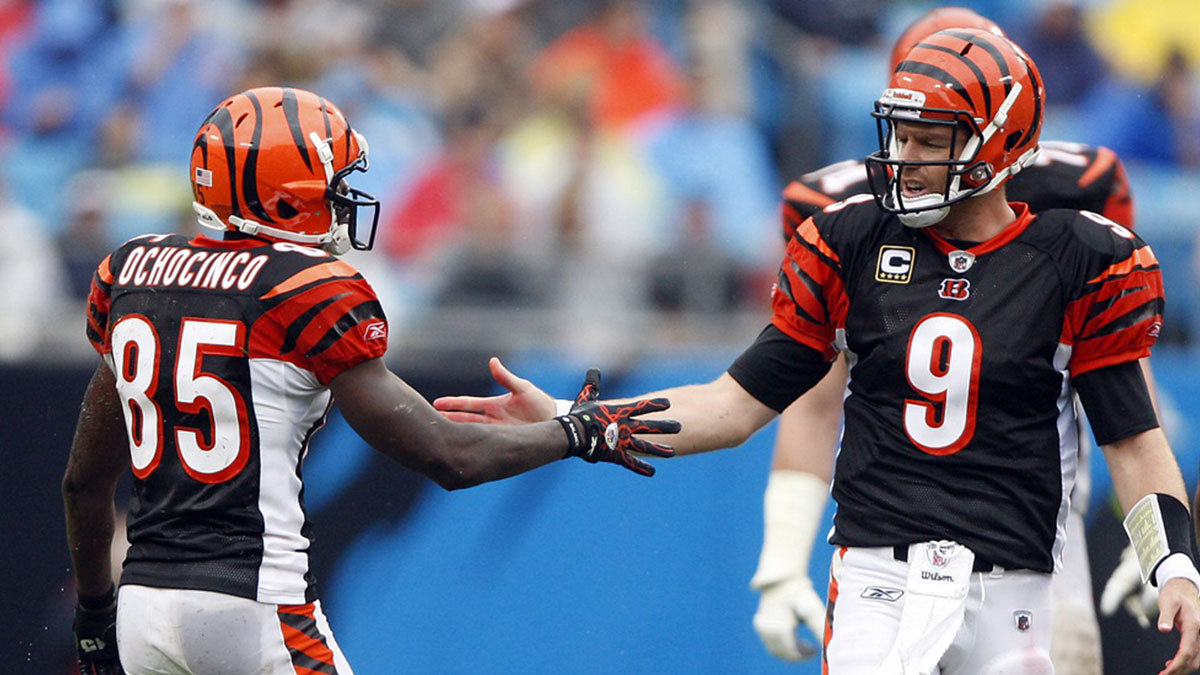 Bengals Chad Ochocinco and Carson Palmer celebrate a complete pass during the first half against the Panthers at Bank of America Stadium in Charlotte. Bengals3