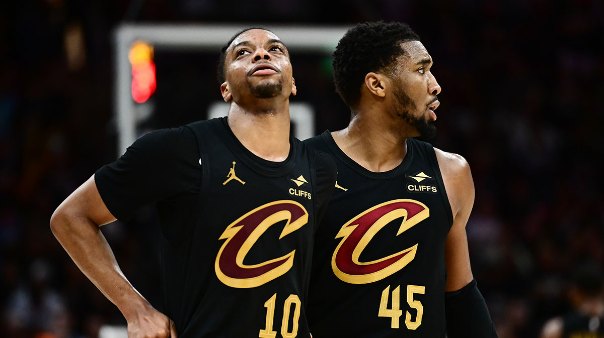Cleveland Cavaliers guard Darius Garland (10) and guard Donovan Mitchell (45) react during the second half against the Indiana Pacers in game five of the second round for the 2025 NBA Playoffs at Rocket Arena. 