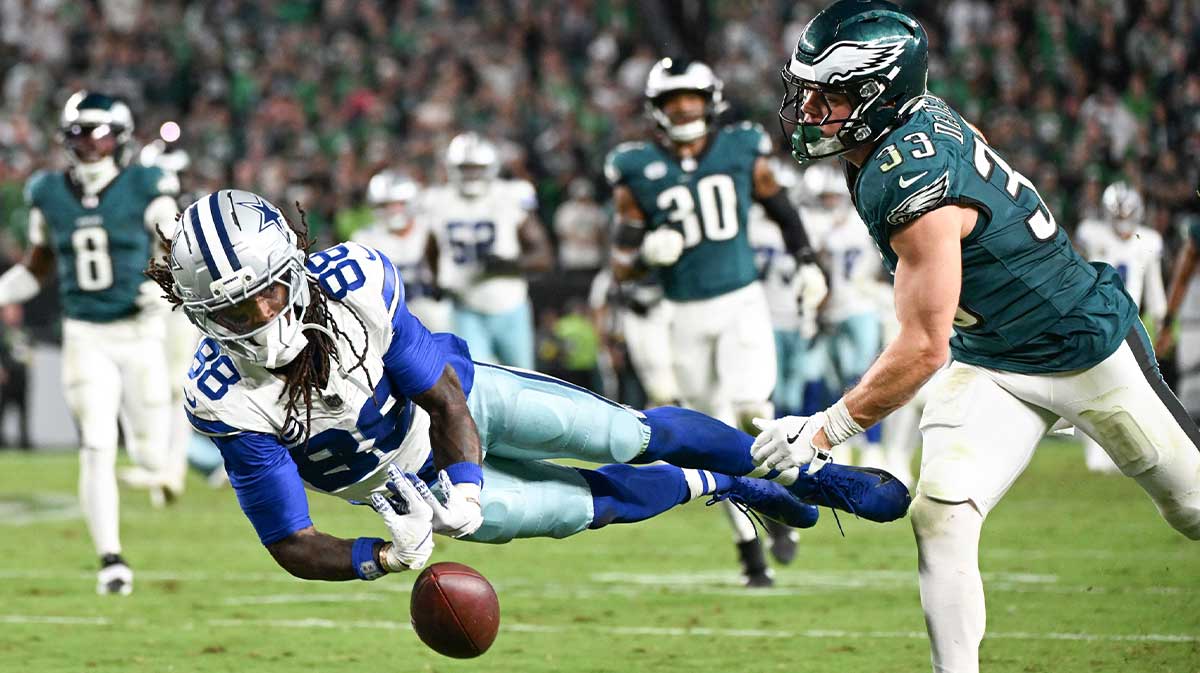 Dallas Cowboys wide receiver CeeDee Lamb (88) is unable to make a reception defended by Philadelphia Eagles cornerback Cooper DeJean (33) during the fourth quarter of the game at Lincoln Financial Field.