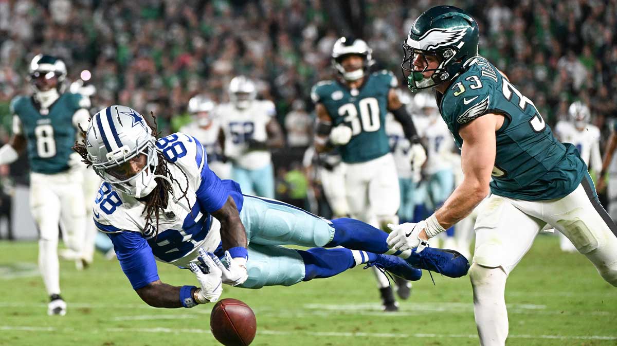 Dallas Cowboys wide receiver CeeDee Lamb (88) is unable to make a reception defended by Philadelphia Eagles cornerback Cooper DeJean (33) during the fourth quarter of the game at Lincoln Financial Field.