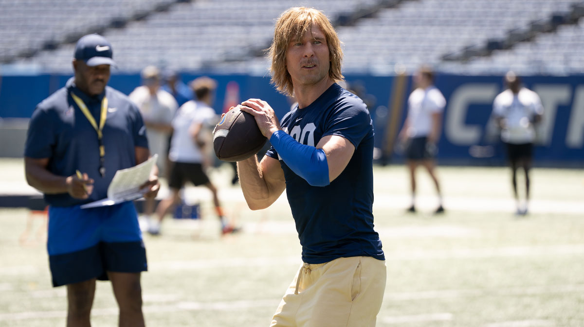 Glen Powell as Russ Holliday in Hulu's new series, Chad Powers, based on Eli Manning's Eli's Places sketch.