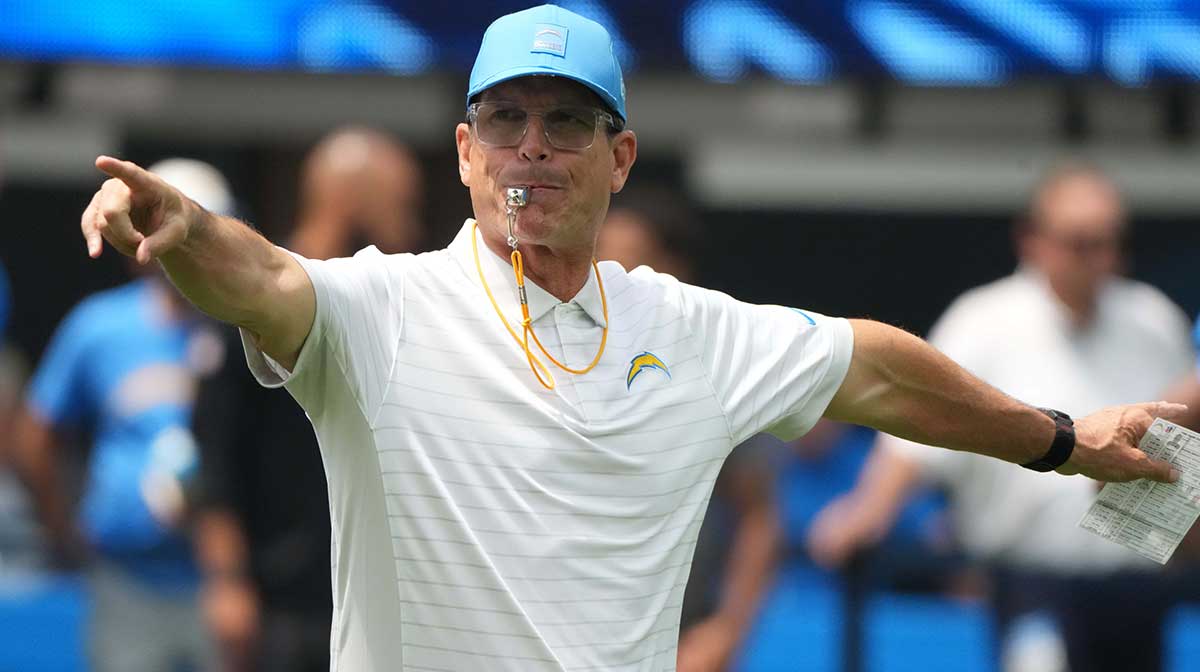 Los Angeles Chargers coach Jim Harbaugh reacts during the game against the New Orleans Saints at SoFi Stadium.
