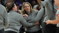 Minnesota Lynx head coach Cheryl Reeve is held back after being ejected during game three against the Phoenix Mercury of the second round for the 2025 WNBA Playoffs at PHX Arena.