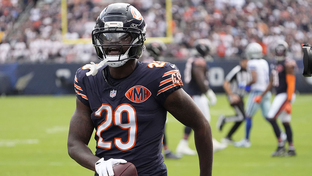 Sep 21, 2025; Chicago, Illinois, USA; Chicago Bears cornerback Tyrique Stevenson (29) reacts after a turnover against the Dallas Cowboys during the first half at Soldier Field. Mandatory Credit: David Banks-Imagn Images